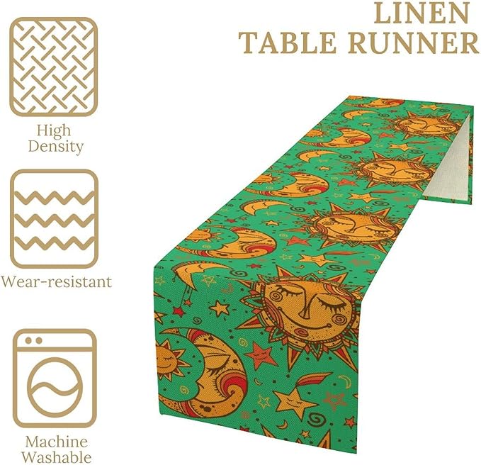 Boho Moon Table Runner, Phase of The Moon Star Sun Cartoon Pattern Table Runner for Kitchen Living Room Home Party 13x108 Inch