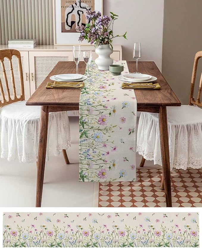 Vintage Wildflowers Cotton Linen Table Runner for Dining Kitchen, Wedding Outdoor Party Tablerunners Decoration, Farm Floral Pink Botanical Plants Dresser Scarf Coffee Tablecloth Runners 13x48 Inches