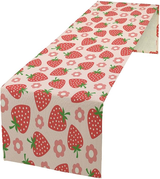 Strawberry Table Runner Spring Summer Fruit Pink Berry Forest Garden Dinner Runner for Girl Baby Shower Party Holiday Home Kitchen Dining Table Decor 13x120