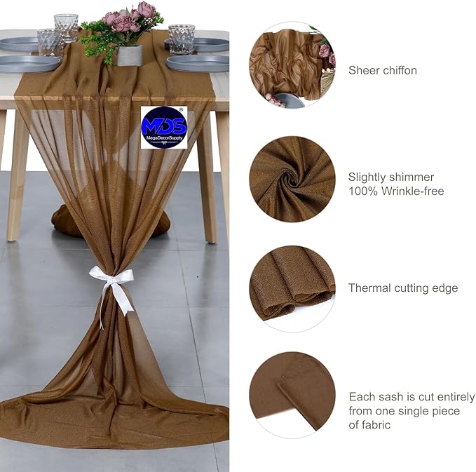 MDS Halloween Chiffon Table Runner - 12 Pack, 29 x 170 Inches, 14ft Each - Sheer Spooky Table Runners for Haunted House Parties, Trick-or-Treat Tables, Witchy Décor, Wedding & Events - Mocha