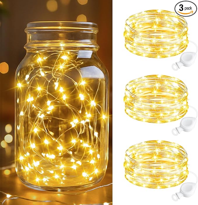 btfarm 3 Pack Fairy Lights Battery Operated, 7FT 20 LED Mini String Lights Waterproof Silver Wire for Mason Jars Centerpiece Table Crafts Bedroom Christmas Decoration, Warm White