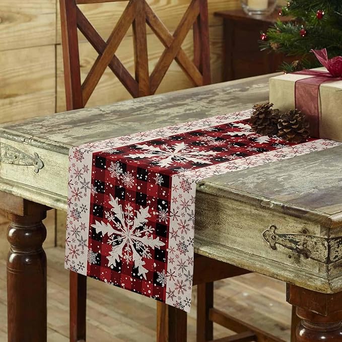 Buffalo Plaid Christmas Cotton Linen Table Runner for Dining Kitchen, Snowflake Red Black Check Wedding Outdoor Party Tablerunner Decoration, Retro Dresser Scarf Coffee Tablecloth Runners 13x60 Inches