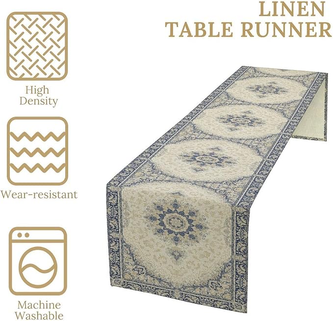 Boho Bohemia Style Table Runner, Vintage Blue Gold Retro Flower Rustic Country Style Floral Print Pattern for Home Kitchen Table Decor Dining Coffee Room Garden Party Decor 13x60in