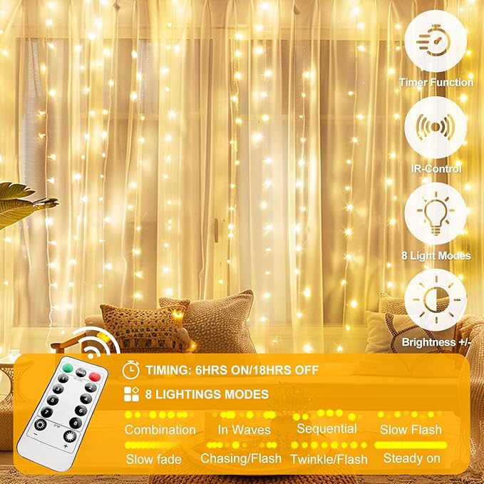 Fairy Curtain Lights Upgraded Tangle-Free Warm White USB Plug in 8 Modes String Hanging Lights with Remote for Christmas, Bedroom, Indoor, Outdoor, Weddings, Party (6.6FTx6.6FT)