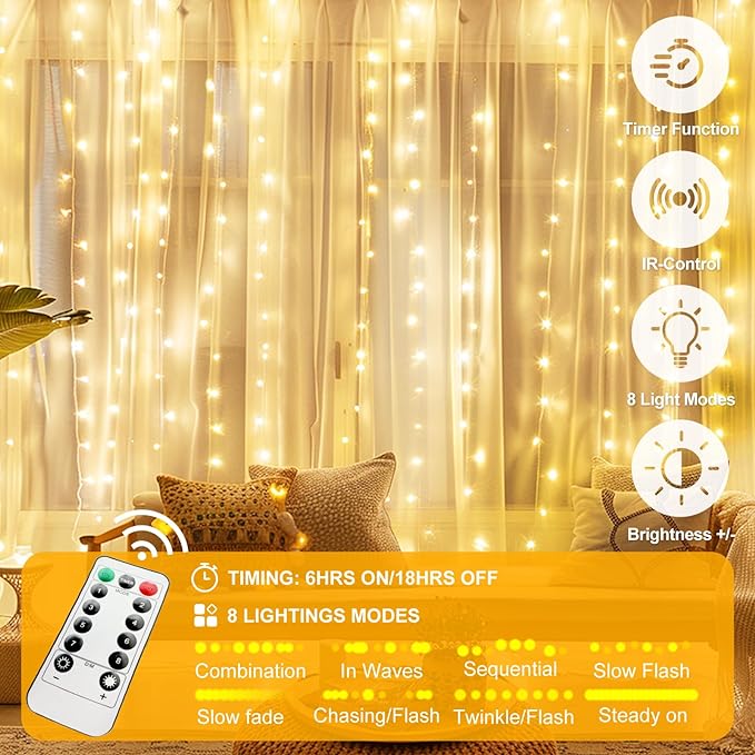 Fairy Curtain Lights Upgraded Tangle-Free Warm White USB Plug in 8 Modes String Hanging Lights with Remote for Christmas, Bedroom, Indoor, Outdoor, Weddings, Party (10FTx8.2FT)
