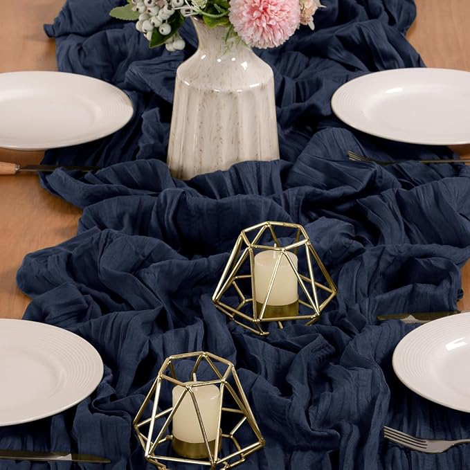 MLMW 4 Pack Navy Blue Table Runner Cheesecloth Boho Gauze Rustic Cheese Cloth Table Runner 160 inch Sheer 13.3ft for Graduation Wedding Party Baby Bridal Shower Birthday
