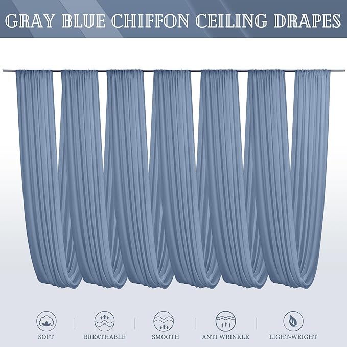 6 Panels Dusty Blue Ceiling Drapes for Wedding 5ftx30ft Chiffon Fabric Arch Draping Curtains Sheer Drapery for Party Ceremony Birthday Baby Shower Reception Stage Swag Ceiling Decorations
