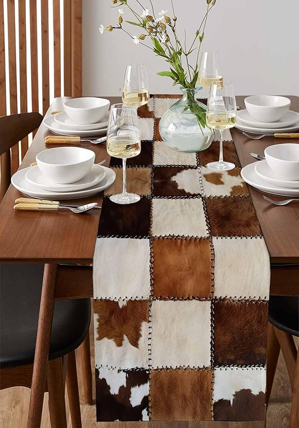 Abstract Cowhides Cotton Linen Table Runner for Dining Kitchen, Wedding Outdoor Party Tablerunners Decoration, Brown Beige Animal Fur Texture Dresser Scarf Coffee Tablecloth Runners 13x48 Inches