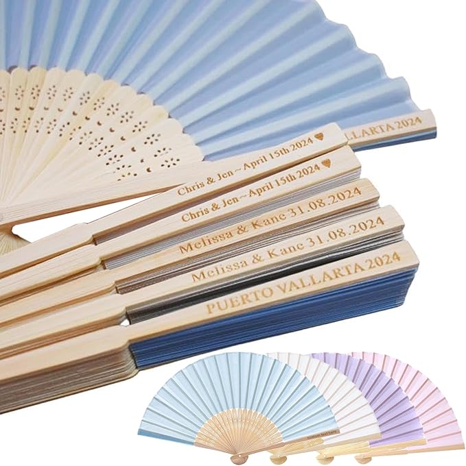 Personalized Engraved Light Blue Fans, Folding Hand Fans 70 Pcs, Wedding Party Favors, Custom Silk-Bamboo Fans