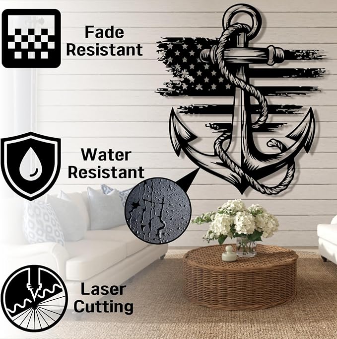 lunwall Metal Anchor Wall Decor, Anchor Metal Sign, Metal Anchor Decor, Anchor Metal Wall Art, Metal Nautical Wall Decor, Metal Wall Decor Coastal, Anchor Wall Decor (black, 35L x 32W / 90 x 81 cm)