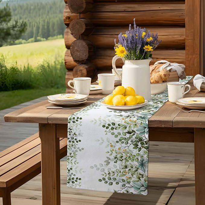 Sage Green Eucalyptus Cotton Linen Table Runner for Dining Kitchen,Farmhouse Leaves Botanical Floral Wedding Outdoor Party Tablerunners Decoration Dresser Scarf Coffee Tablecloth Runners 13x120 Inches