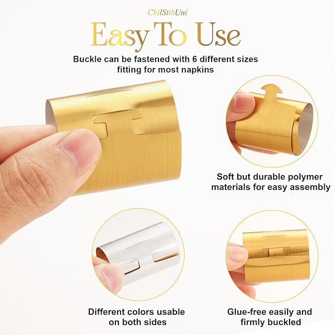 Polymer Material Reusable Napkin Band, Glue-Free Tear-Proof Water Resistant Oil-Proof Napkin Bands Set of 100(Front Brushed Gold Color and Back Silver), 6 Adjustable Sizes Napkin Rings