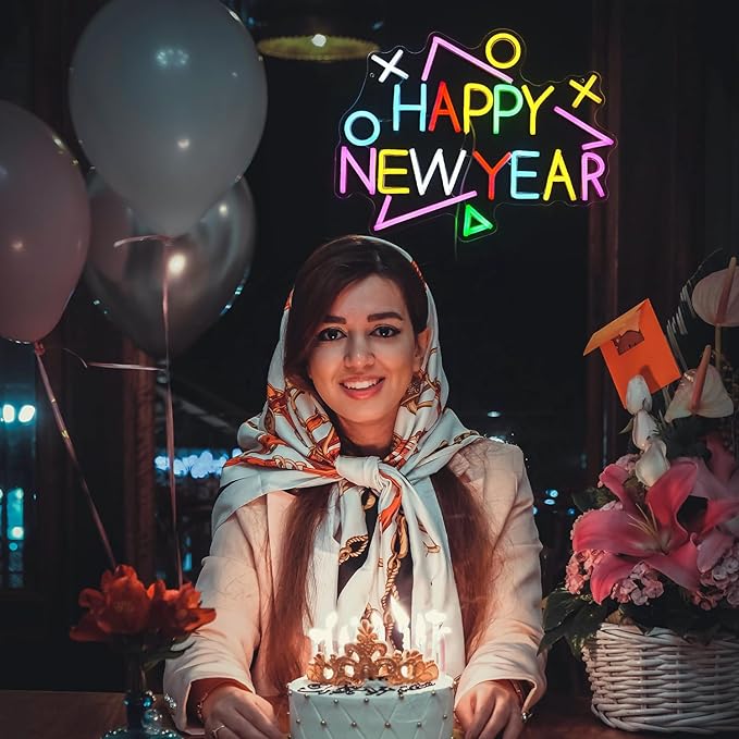 Happy New Year Neon Sign Exquisite And Beautiful New Year LED Light Up Sign for Decor Dimmable USB Powered New Year Neon Light Sign for New Year Celebrate Party Home Room Business Wall Decor (16.5*12.6 In Multicolored)