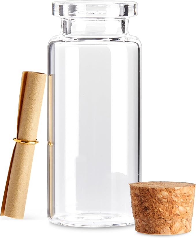 Bright Creations 48 Pack 10ml Create A Message In A Bottle Kit, Bulk Small Glass Cork Bottles with Mini Scrolls for Time Capsules, Wedding Favors