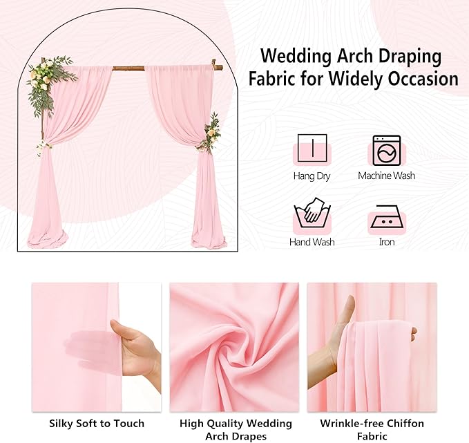8 Panels Wedding Arch Draping Fabric 28" x 20 Ft Wedding Arch Drapes Chiffon Fabric Drape Sheer Backdrop Curtain for Weddings Party Swag Ceremony Birthday Arbor Drapery Reception Ceiling Décor(Pink)