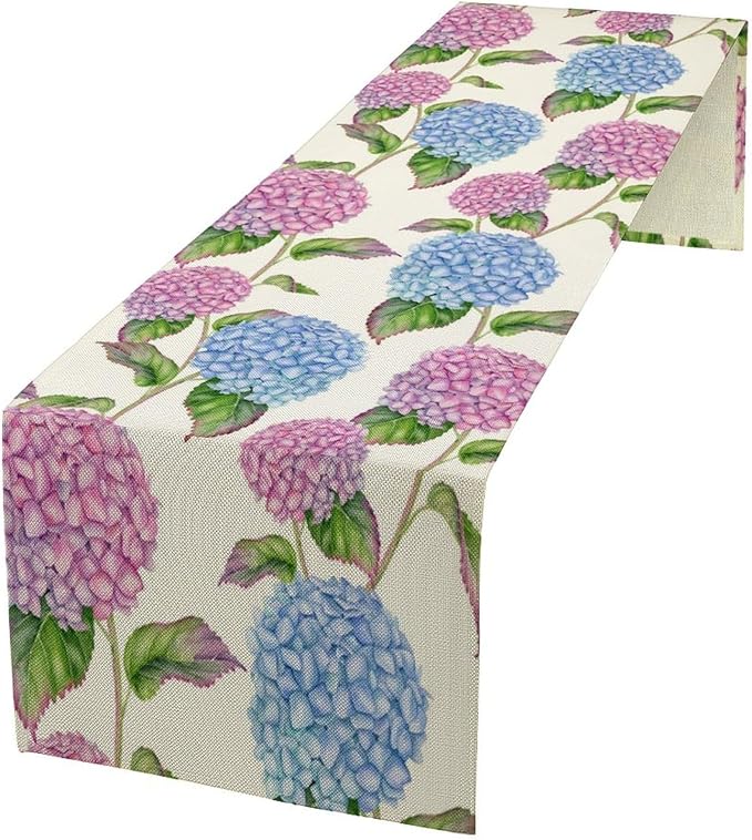Spring Hydrangea Flower Table Runner, Seasonal Summer Plants Watercolor Pink Purple Florals Dinner Runner for Home Kitchen Dining Table Party Holiday Decoration 13"x36"