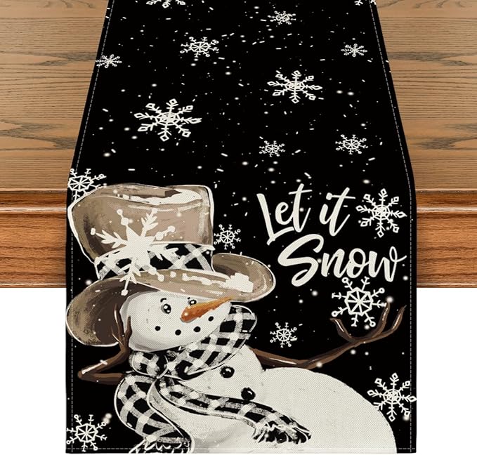 Artoid Mode Black Snowman Snowflake Let it Snow Winter Table Runner, Christmas Kitchen Dining Table Decoration for Home Party Decor 13x72 Inch