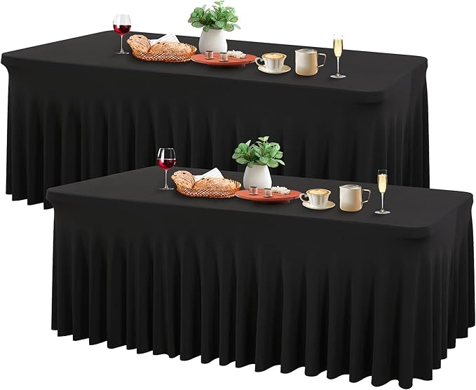 Wish Care 2 Pack Black Spandex Table Cloths - Fitted, Wrinkle Free, 6ft Rectangle Table Cover for Party, Banquet, Wedding & Events
