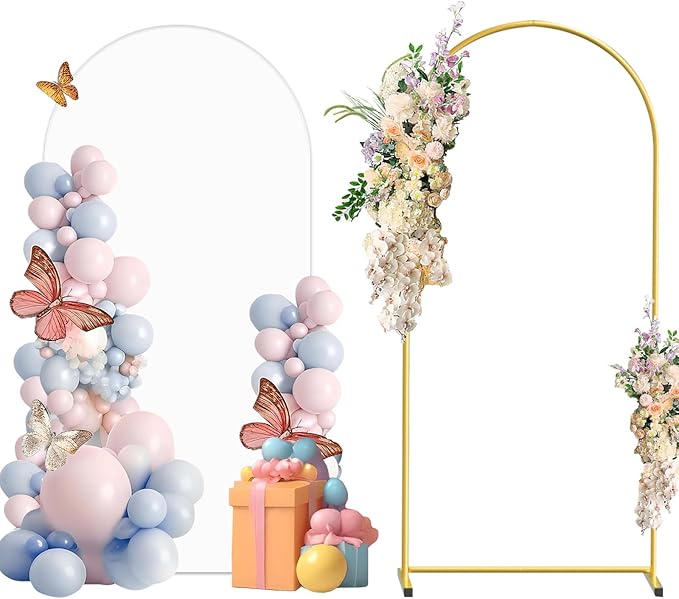 Metal Arch Backdrop Stand and Cover Set, 6FT White Reusable Spandex Fitted Backdrop Cover and Gold Wedding Arch Frame for Baby Shower, Birthday, Parties Decoration.