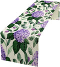 Spring Hydrangea Flower Table Runner, Seasonal Summer Plants Eucalyptus Leaves Purple Florals Dinner Runner for Home Kitchen Dining Table Party Holiday Decoration 13"x108"