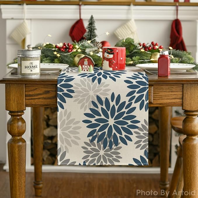 Artoid Mode Dahlia Aqua Floral Pinnata Flower Winter Table Runner, Seasonal Summer Holiday Kitchen Dining Table Decoration for Home Party Decor 13x90 Inch
