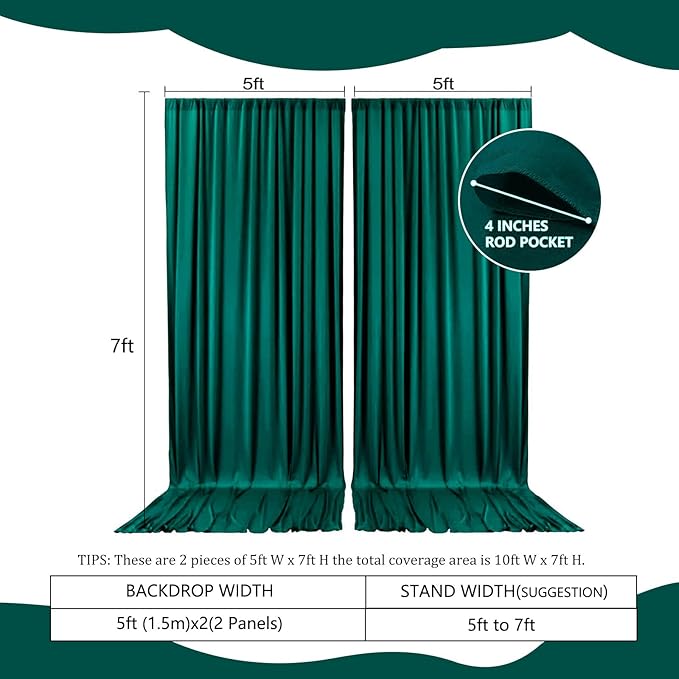 2 Panels Deep Green Backdrop Curtain, 10 x 7 Feet Background Curtains for Parties, Weddings, Baby Showers, Bachelorette Halloween, Christmas Birthday Party Photoshoot Backdrop Curtains Decorations