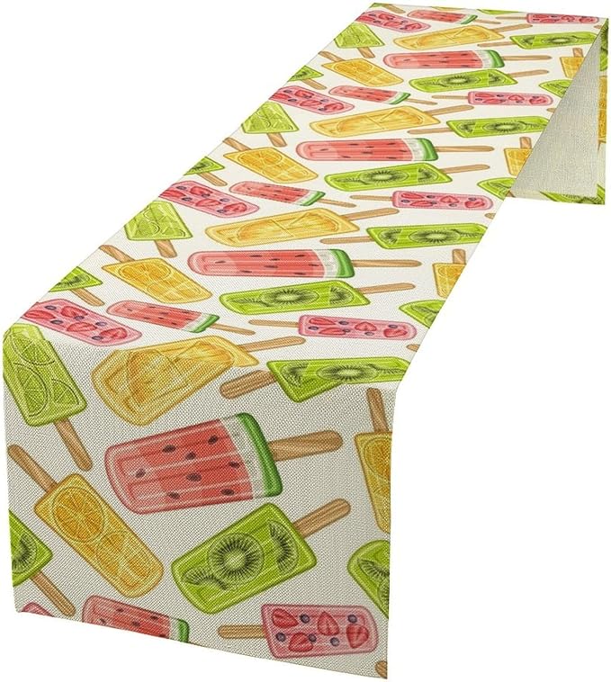 Ce Cream Table Runner, Cold Fruity Popsicles Summer Sweet Seasonal Dinner Runner for Party Holiday Home Kitchen Dining Table Decor 13"x90"