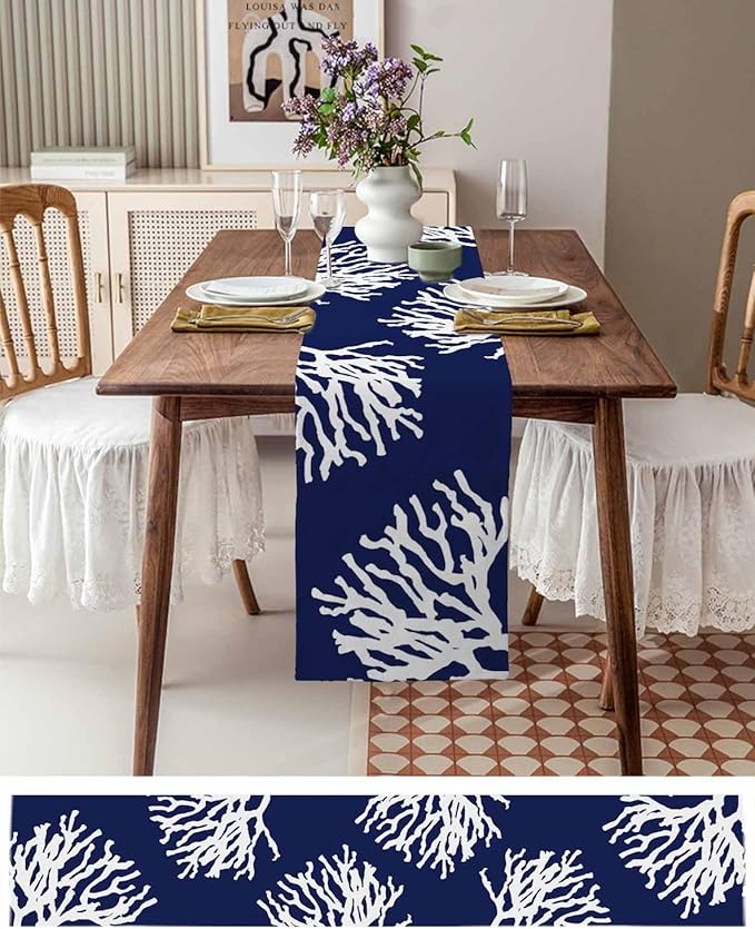 Coastal Coral Cotton Linen Table Runner for Dining Kitchen, Wedding Outdoor Party Tablerunners Decoration, Navy Blue Nautical Ocean Beach Dresser Scarf Coffee Tablecloth Runners 13x36 Inches