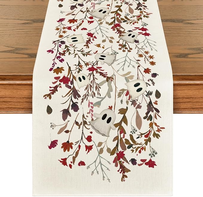 Artoid Mode Ghost Flowers Leaves 210 GSM Halloween Table Runner,Seasonal Fall Kitchen Dining Table Decoration for Home Party Decor 13x72 Inch