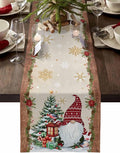 Christmas Gnomes Cotton Linen Table Runner for Dining Kitchen, Xmas Pine Tree Snowflake Rustic Wedding Outdoor Party Tablerunners Decoration, Retro Wood Dresser Scarf Tablecloth Runners 13x90 Inches