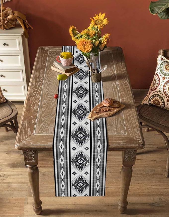Aztec Southwest Cotton Linen Table Runner for Dining Kitchen, Wedding Outdoor Party Tablerunners Decoration, Boho Ethnic Tribes Vintage Grey Dresser Scarf Coffee Tablecloth Runners 13x108 Inches