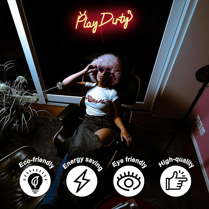 Play Dirty Neon Sign Red Letter LED Neon Lights Signs Devil Neon Signs for Wall Decor Satan Neon Lights for Bedroom Dimmable Red Words Neon Light Up Sign for Bar Man Cave Party Decor