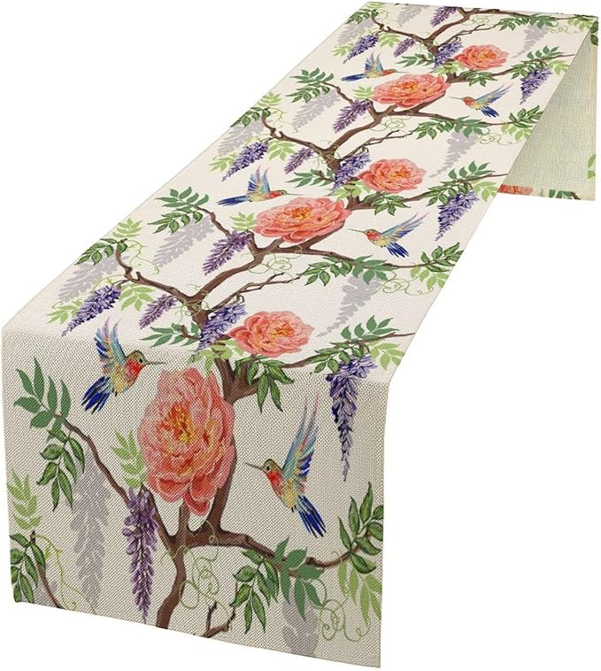 Vintage Bird Flower Table Runner Seasonal Spring Purple Wisteria Garden Plants Lavender Pink Florals Farmhouse Country Kitchen Dinner Runner Dining Table Decoration for Home Party Holiday 13"x120"