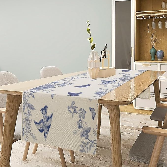 Monochrome Sketch Flowers Bird Table Runner, Seasonal Spring Fall Plants Blue Florals Dinner Runner for Home Kitchen Dining Table Party Holiday Decoration 13"x60"