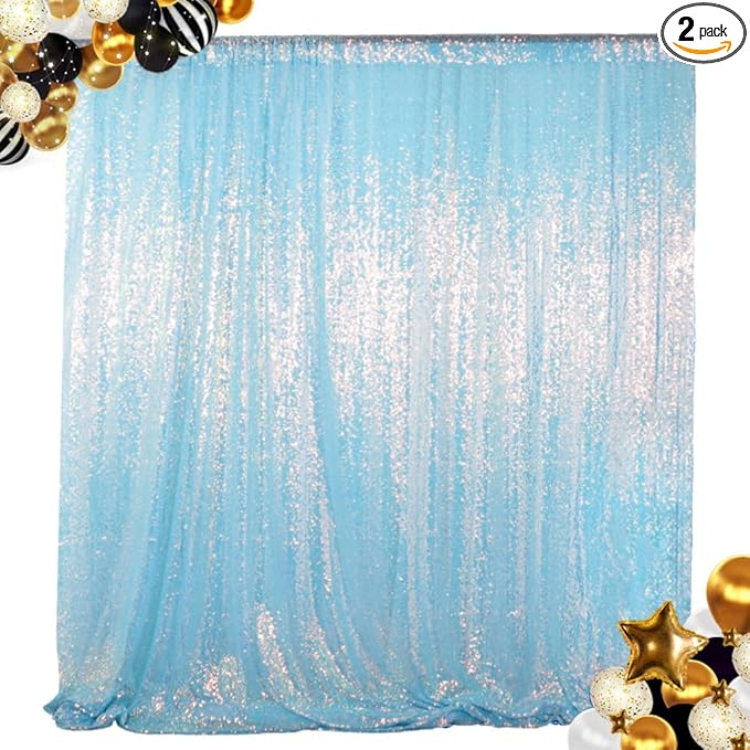 ShinyBeauty 4FTx8FT Iridescent Aqua Sequin Photo Backdrop | Glitter Fabric Wedding Party Background | Mermaid Theme Curtains (2 Panels) - Sparkly & Elegant Decor for Events
