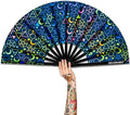 UV Glow Rave Fan, Bamboo Folding Clack Hand Fans Foldable for Men Women, Boots on the Ground Poping Fan for EDM Festival Line Dance Decoration, (Alchemical Signs, Large 13")