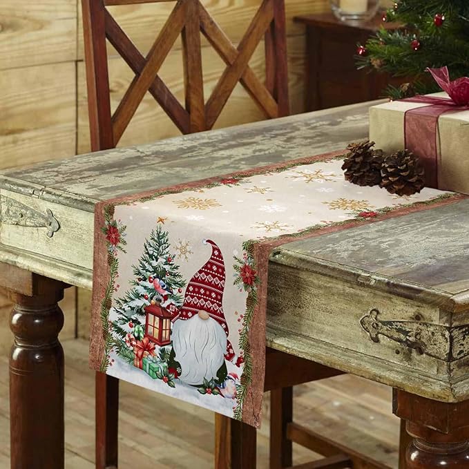 Christmas Gnomes Cotton Linen Table Runner for Dining Kitchen, Xmas Pine Tree Snowflake Rustic Wedding Outdoor Party Tablerunners Decoration, Retro Wood Dresser Scarf Tablecloth Runners 13x90 Inches