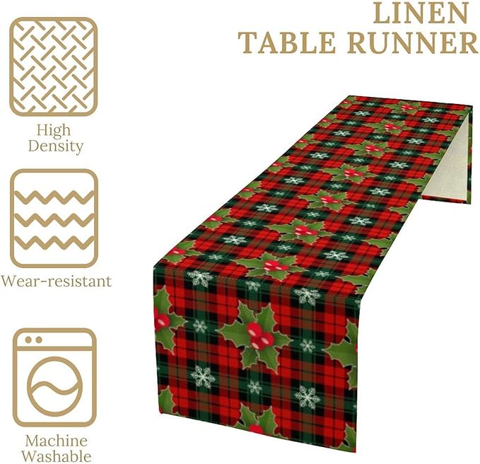 Christmas Table Runner, Red Check Plaid Winter Xmas Holiday Table Cloth Kitchen Dining Table Decoration for Home Party Decor 13x108 Inch