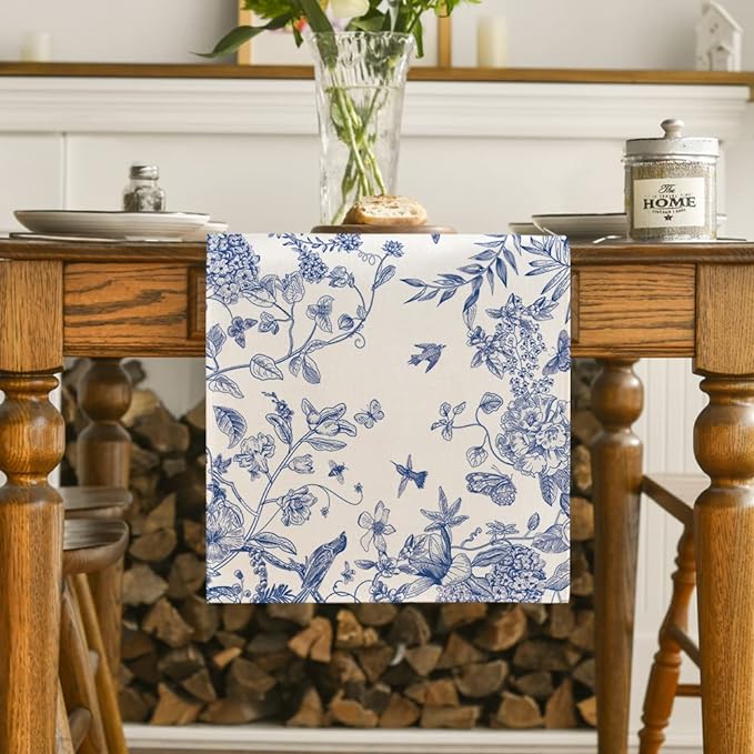 Artoid Mode Monochrome Sketch Birds and Flowers Spring Table Runner, Seasonal Summer Fall Kitchen Dining Table Decoration for Home Party Decor 13x108 Inch