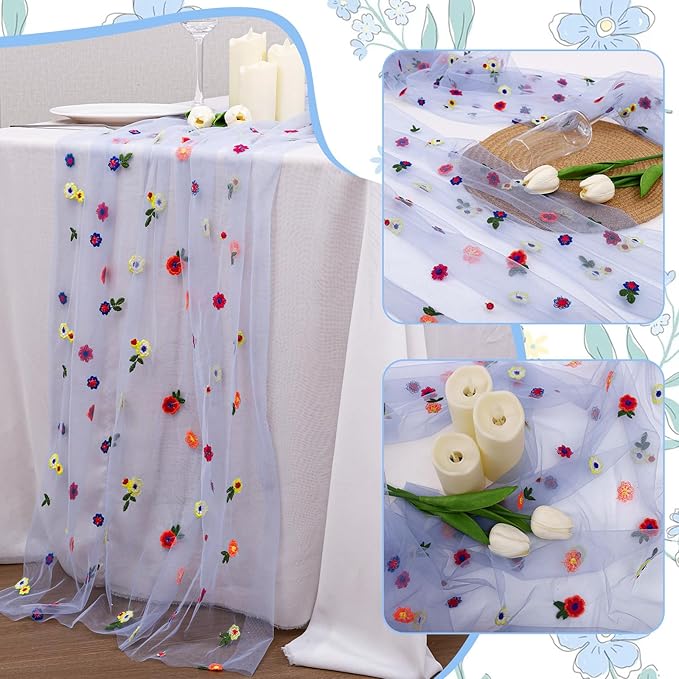 BINBE 3pcs Daisy Fall Table Runner Embroidery Gauze 10FT Florals Seasonal Tulle Holiday Birthday Kitchen Dining Table Decor for Home Party Blue