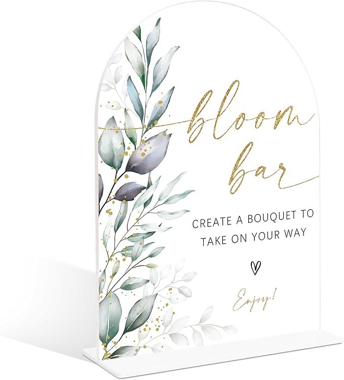 Acrylic Wedding Signs, Greenery Theme Bloom Bar Sign, Wedding Reception Signage, Bridal Shower Table Decor with Stand, Bloom Bar Supplies for Engagement, Anniversary, Newlywed Events and Parties, 01