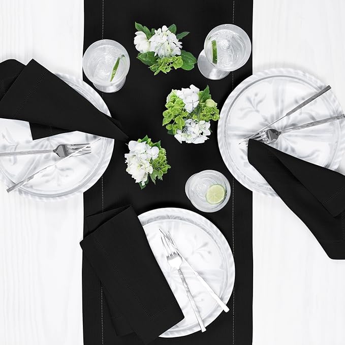 Solino Home Linen Black Table Runner 156 Inches Long - 100% Pure Linen Extra Long Table Runner 14 x 156 Inch for Fall, Autumn, Halloween - Classic Hemstitch