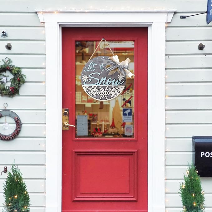 CHDITB Let It Snow Winter Decoration Sign(11.4”x11.4”), 3D Snowflake Xmas Winter Front Door Sign with Bow, Christmas New Year Housewarming Gift for Front Door Porch Farmhouse Indoor