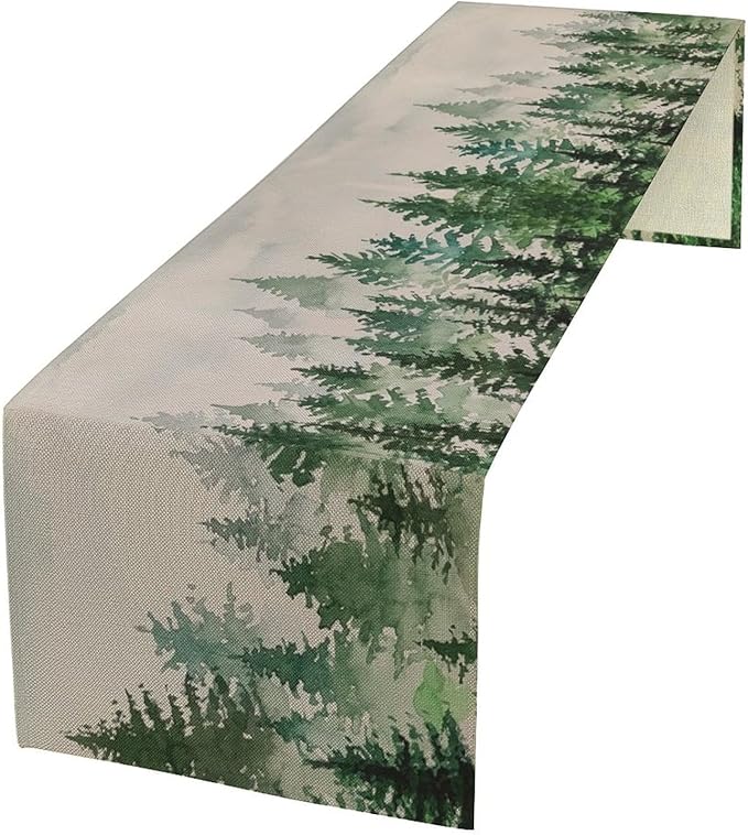 Foggy Forest Table Runner,Green Forest Natural Landscape Table Runner for Kitchen Dining Table Home Party Decoration 13x108 Inch