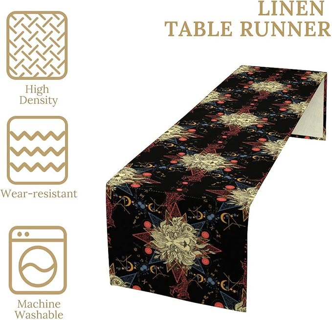 Boho Moon Lion Table Runner, Chinese Fish Phase of The Moon Sun Moon Table Runner for Kitchen Dining Table Home Party,13x90 Inch Black Red