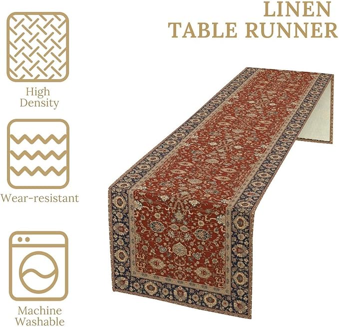 Boho Floral Vintage Red Blue Table Runner, Retro Flower Rustic Country Farmhouse Abstract Pattern for Home Kitchen Table Decor Dining Coffee Room Party Decor 13x72in