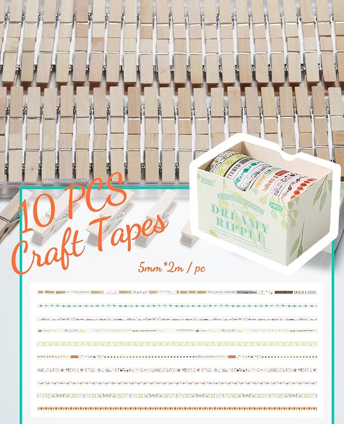 Mini Clothespins, Sopito 100 Pcs 1.4'' Strong Wooden Mini Clips for Photos with 10 Pcs Washi Tapes and 43 Ft Jute Twine, Colorful Small Clothes Pin for Picture, Crafts, Baby Shower