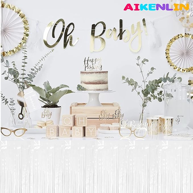 6 Pack 29x108 Inch Metallic Foil Fringe Tinsel Table Skirts Banner for Rectangle Tables Streamer Garland Curtains Backdrop for Wedding, Birthday, Parade Floats Party Decoration(White)