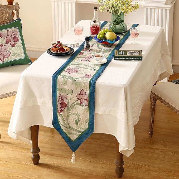 patdrea Designer Elegant Bright Linen Extra Long Table Runner 118 Inch Long, Mauve Iris Floral Pattern Table Mat, Decoration for Kitchen Dining Coffee Table Cabinet Banquet Christmas ,12"*118"