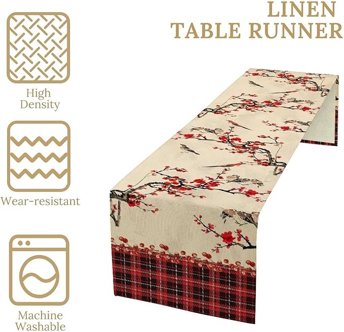 Bird Table Runner,Red Black Buffalo Plaid Blossom Seasonal Table Runner for Kitchen Dining Table Decoration Home Party Decor 13x60 Inch